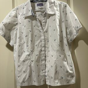 Laura Scott anchor print button down Short Sleeves sailing fishing Shirt size 1X
